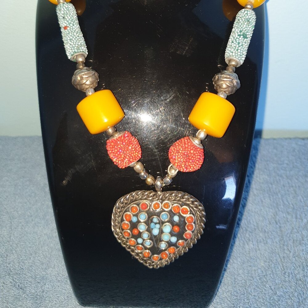 Chunky Tibetan Style Multi Gemstone Beaded Necklace with a Big Heart Pendant